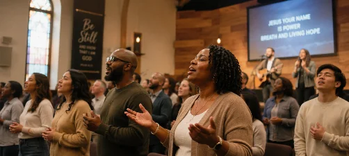 Congregation worshipping together on Sunday
