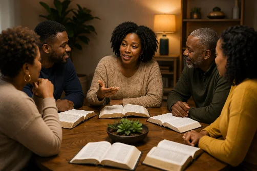 Small group gathered around open Bibles
