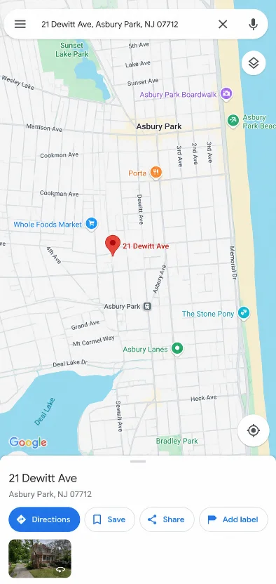 Map screenshot of 21 Dewitt Ave, Asbury Park