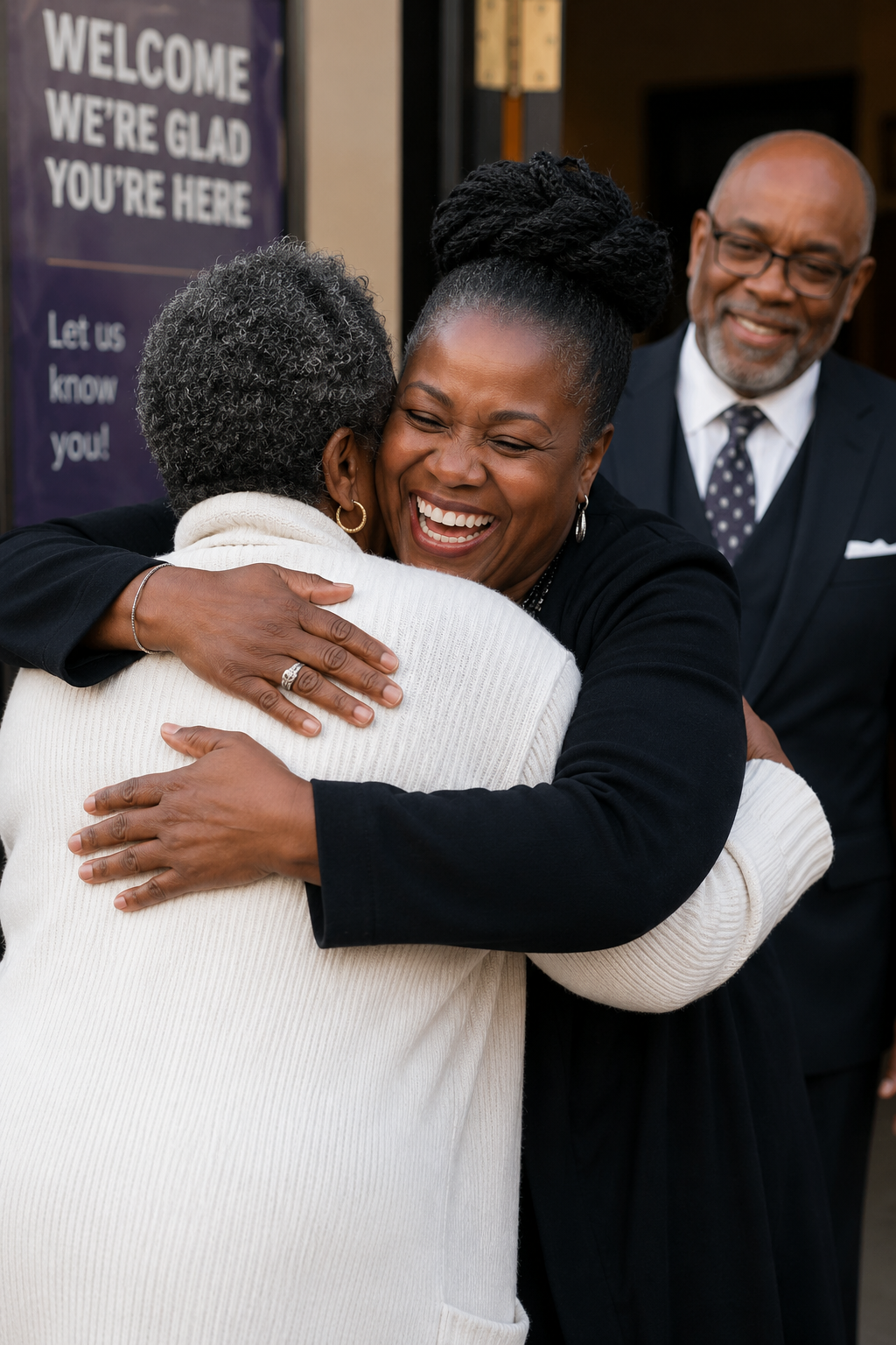 Black congregation gathered & smiling after service